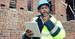 Construction, tablet or man outdoor with radio, task brief or inspection update in chat. Industrial, ppe or engineer on site with tech, progress report or project coordination in communication.