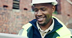 Black man, reading or tablet on construction site with checklist, building app or happy for progress. Contractor, inspector or tech at worksite for assessment, review or smile for compliance report
