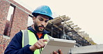 Man, typing or tablet on construction site for planning, building project or happy for progress. Low angle, inspector or tech at worksite for contract info, review or smile for compliance feedback