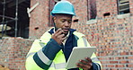 Construction, tablet or black man on site with radio, task brief or inspection update in chat. Industrial, space or engineer with tech, progress report or project coordination in communication.