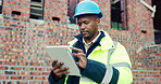 Construction, tablet or black man on site with review, safety checklist or building plan in task brief. Industrial, space or engineer with tech, compliance report or digital blueprint in progress log