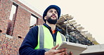 Construction, tablet or man on site with thinking, operation plan or building review in task brief. Reflection, low angle or engineer with tech, project insight or digital blueprint in progress log.