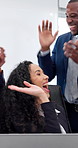 Laptop, applause and business people in office with high five, success or profit for stock trading firm. Happy, woman clap and team celebration with computer, investment opportunity or income growth.
