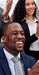 Finance, team and businessman in office with applause, achievement and completed audit for company. Happy, people clap or celebration for accounting success, accomplishment or finish financial review