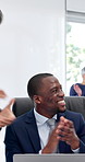 Businessman, applause and team in office with laptop, success and revenue growth for insurance company. Happy, people clap and celebration with computer for policy sales achievement, profit or income