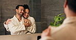 Hugging, mirror and morning routine with couple in bathroom of home together for bonding or love. Embrace, hygiene and reflection with happy people in apartment for connection, security or trust