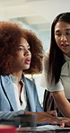 Business, finance and women with help in meeting, discussion and planning for investment strategy. Corporate, manager and people on tech for financial review, proposal or feedback for budget report