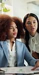 Business, office and women with help in meeting, discussion and planning for investment strategy. Corporate, manager and person on tech for financial review, proposal or feedback for budget report
