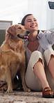 Happy, selfie and woman with dog in home for bonding, memory or adoption in living room. Smile, love and female person with golden retriever puppy for photography picture for social media in house.