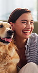 Smile, selfie and woman with dog in home for bonding, memory or adoption in living room. Happy, love and female person with golden retriever puppy for photography picture for social media in house.