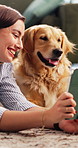 Tablet, selfie and woman with dog in home for bonding, memory or adoption in living room. Happy, tech and female person with golden retriever puppy for photography picture for social media in house.