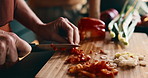 Hands, vegetables and couple in kitchen at house for nutrition, health and cooking meal together. Knife, peppers and man with woman for cutting fresh ingredients for dinner or supper in apartment.