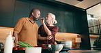 Cooking, taste and couple in kitchen at house with bonding, connection and love in marriage. Smile, steam and mature man with woman for preparing meal, dish or dinner together on weekend in home.