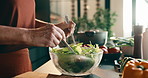 Cooking, salad and hands with utensils in kitchen, nutrition and meal prep with ingredients and oil. Dressing, food and person with culinary skills for gourmet, vegetarian and organic diet in home
