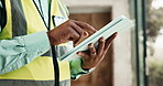 Person, hands or electrician with tablet in home for repair service, maintenance or installation. Technician, checklist or technology with building plan for electrical management on construction site
