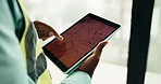 Person, architect and hands with tablet screen for blueprint, construction or building inspection. Civil engineer, contractor or checking floor layout with technology display for architecture project