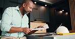 Architect, laptop and black man with documents for building plan, safety or security maintenance. Male person, civil engineer or contractor with computer for architecture development or inspection