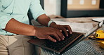 Man, hands and electrician with laptop in home for maintenance, installation or building plan. Male person, technician or typing with computer for electrical repair service or construction project