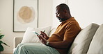 Man, drawing and remote work in home with tablet, stylus and graphic designer for creative campaign. Mature, black person or freelancer in house with tech, project and digital art for logo design.