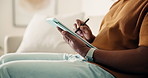 Man, hands and drawing in home with tablet, remote work and graphic designer for creative campaign. Person, stylus and tech in house with freelance job, online project and planning for logo design.