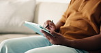 Man, hands and drawing in house with tablet, remote work and graphic designer for creative campaign. Person, stylus and tech in home with freelance job, online project or digital art for logo design.