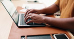 Man, laptop and hands with typing for freelance writer, editing article and creative process in home. Project draft, remote work and tech for proofreading with editor for story development or plan