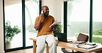 Black man, tech and phone call with chat for remote work, editing article and creative process in home. Project draft, freelance writer and conversation for report with editor for story development