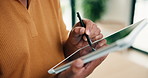 Hands, tablet and drawing in home for freelance, web design and digital art on mobile app with connection. Remote work, man and creative for online brand project, internet portfolio and sketch idea