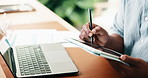 Designer, hands and writing with tablet in office for web interaction, schedule or online planning. Male person, checklist and technology with laptop for UX, UI development or design in workplace