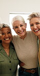 Love, face or friends in house with hug, bonding together or happy moment in reunion. Smile, portrait or mature women in home with group embrace, optimism or connection in healthy relationship.