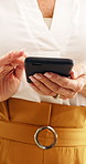 Hands, business and woman scroll with phone, research and contact buyer for real estate. Mature person, typing or realtor with mobile for communication, schedule viewing and inquiry email for auction