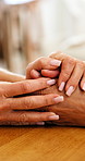Holding hands, friends and women in home, empathy for compassion and consoling for grief. Apartment, gratitude and people in living room, conversation and sympathy with comfort, kindness and care