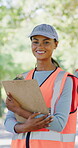 Clipboard, woman and volunteer portrait outdoor for cleanup project, earth day or community service. Sustainable NGO, happy person and waste checklist for park restoration, trash picking or outreach