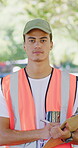 Volunteer, face and man with clipboard outdoor for NGO initiative, earth day or community service. Sustainable project, serious person and checklist for park restoration, trash picking and outreach