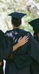 Back, graduation and students at university for achievement, celebration or victory. Happiness, excited and people with higher education, award ceremony for academic success and college scholarship