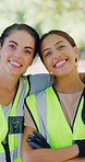 Face, volunteer and women in park, trash collection for community outreach and recycle for earth day. Outdoor, people and friends with support, sustainability and project for waste removal and hug