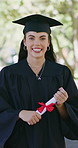 Graduation, face or woman on campus with certificate, college pride or optimism in academic achievement. Education, gown or university student with smile, confidence or success in diploma ceremony.