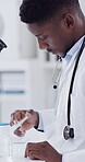 Science, man or liquid syringe in petri dish for microscopic study, pathology or medical research. Scientist, black person and sample analysis in lab for drug testing, chemistry innovation or trial