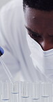 Scientist, pipette and liquid in test tubes in lab for clinical trial, medical research or synthesis. Safety, black man and vial in dropper for science study, drug development or chemistry innovation