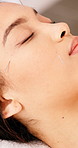 Acupuncture, facial or woman at spa with rest, muscle relief or detox benefit in alternative medicine. Peaceful, pins or person with sleep, pressure point or body alignment in holistic treatment.