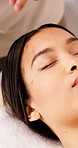 Woman, sleeping and facial acupuncture in spa for stress relief, healing and traditional medicine. Above, person and rest at wellness clinic with needle for skincare, beauty and pain management
