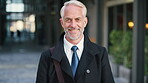 Real estate, face and mature man in city for property scouting, commercial investment and about us. Business pride, developer and happy outdoor for building viewing, experience and urban development
