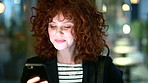 Woman, smile and phone in lobby for commute, scroll or social media browse with agenda. Night, mobile app and finance person done with tech for communication, networking and contact for schedule