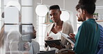 Business woman, meeting and group with tablet, discussion or proposal planning in glass office. People, conversation and team leader with pitch preparation,  technology and strategy in workplace