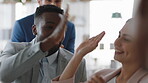 Businessman, happy and team with high five, applause and achievement with promotion at company. Support, collaboration and success gesture with male person and group, clapping and celebrate in office