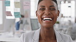 Business, happy woman and face in office for planning, confidence and team leader by glass wall. Person, corporate or professional portrait for brainstorming, meeting and laugh for career growth