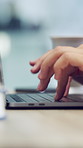 Hands, laptop and person typing in office for copywriting, newsletter review or advertising email. Computer, business woman and report in workplace for campaign story, content writing or research