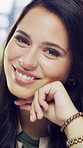Face, thinking and happy woman in office for creative inspiration, planning or author with vision. Portrait, writer and person with reflection, smile and positive mindset for publication at work