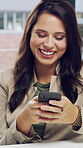 Businesswoman, laughing and texting with phone in office, communication or typing message on website. Business, employee and person with mobile, networking and funny chat with contact on social media