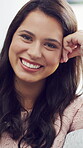 Wellness, happy and woman on sofa with face, positive attitude and optimism on weekend break. Wellbeing, comfortable and person in house with good mood, confidence and satisfaction in Los Angeles.
